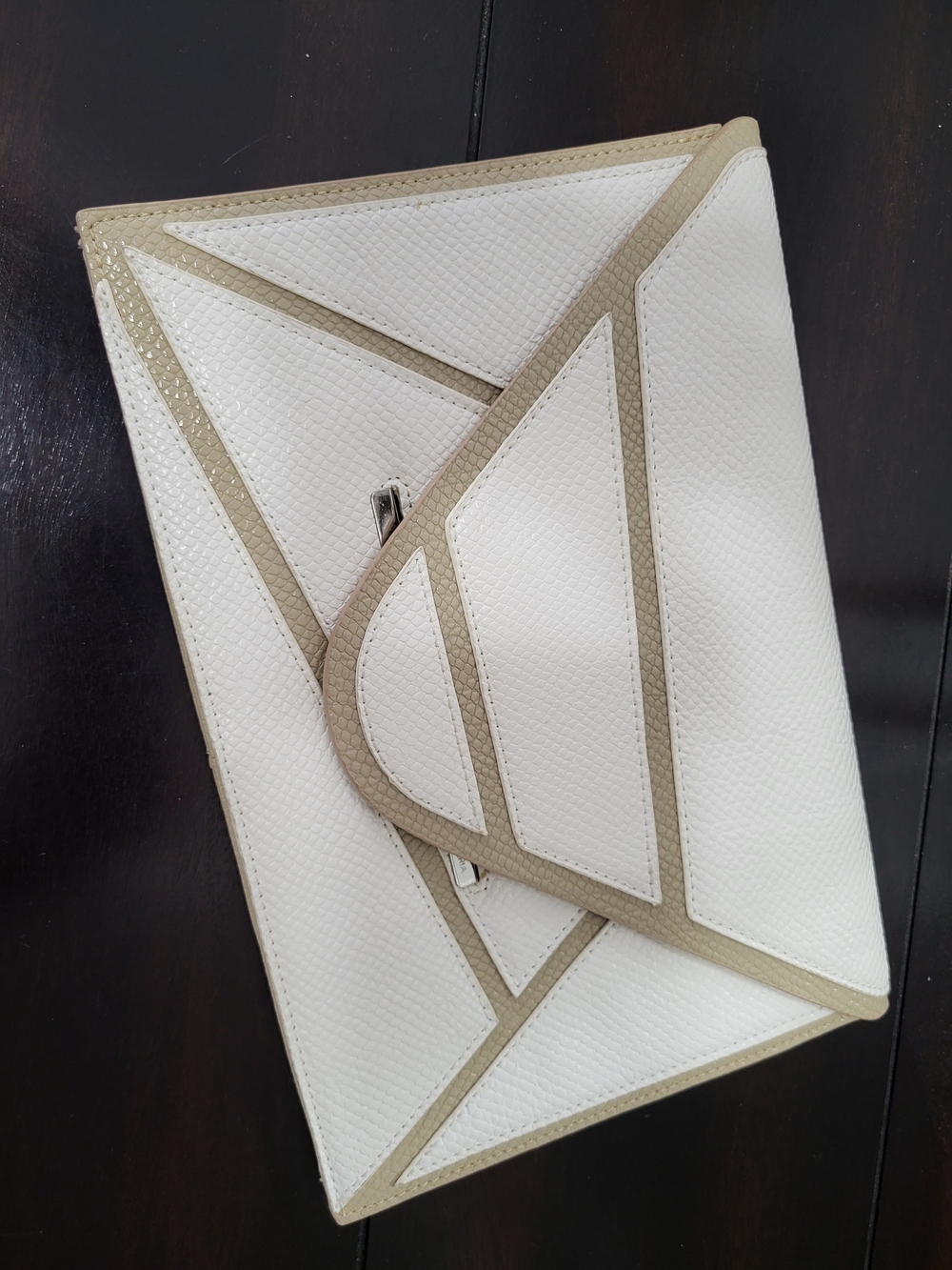 BCBGMaxAzria White and Beige Geometric Envelope Clutch
